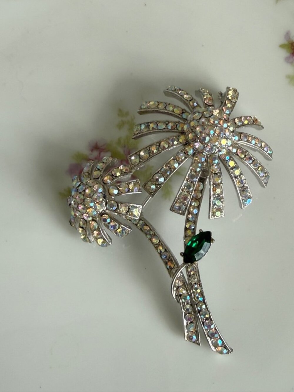 Vintage 50s Hollycraft Double Flower Broch Encrusted Rhinestones Bling